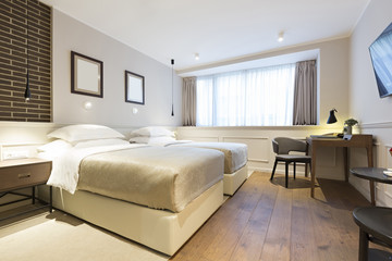 Fototapeta na wymiar Interior of a double hotel bedroom