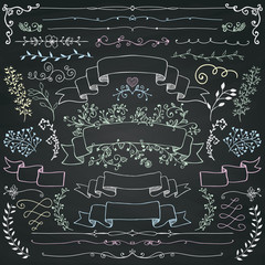 Vector Chalk Drawing Floral Design Elements, Ribbons