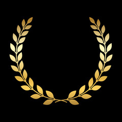 Gold laurel wreath. Symbol of victory and achievement. Design element for decoration of medal, award, coat of arms or anniversary logo. Golden leaf silhouette on black background. Vector illustration.