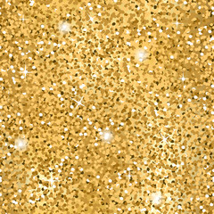 Gold Glitter Texture. Seamless sequins pattern. Lights and sparkles. Glowing New Year or Christmas background. Golden Dust. Design template for wallpaper, wrapping, fabric etc. Vector Illustration.