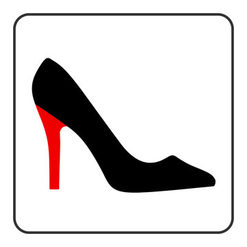 High heel shoes icon. Elegant black  and red silhouette. Information sign. Women shoe symbol. Fashion label. Female of shoe in square isolated on white background. Stock Vector illustration.