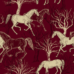 Rocznika piękny tło z koniami i drzewami - 105117254