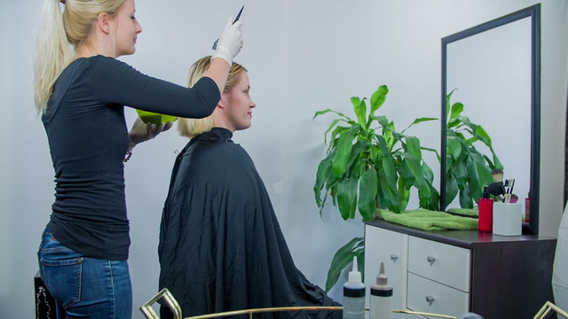 Hair dresser refers the hair colour on the woman 