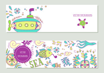 Sea adventure. set of cards with hand drawn elements