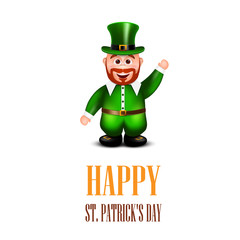 Happy leprechaun waving hand. Saint Patricks Day Card.