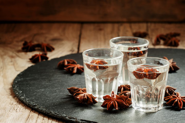 Anisette, vodka made from anise, selective focus