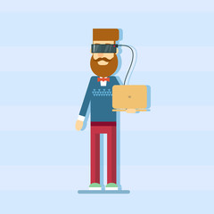 Casual Man Hold Laptop Computer Wear Digital Glasses