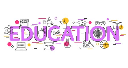 Education Concept with vector icons and elements. Education Banner for website, header, advertising booklet and poster. Education Background. School Background. Flat Style, Thin Line Art Design.