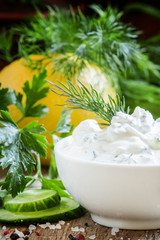 Obraz na płótnie Canvas Greek yogurt sauce, cucumber and herbs, selective focus