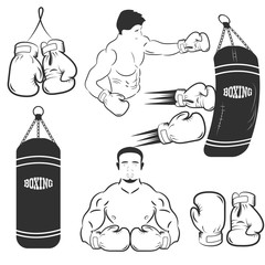 Set of boxing equipment vector monochrome design elements, mix martial arts icons. Boxing labels 