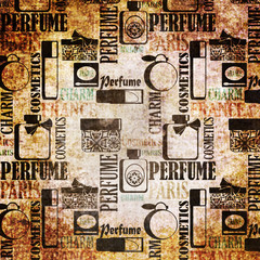 Grunge vintage pattern with gifts of perfume and cosmetics backg