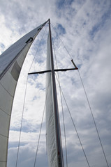 Obraz premium White sail of a sailing yacht against the sky seen from below