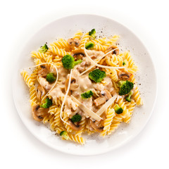Fusilli pasta with champignons and sauce