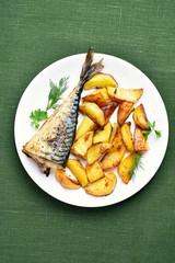 Baked potato wedges and mackerel fish