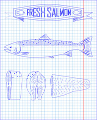 fresh whole one young salmon , fillets and steaks