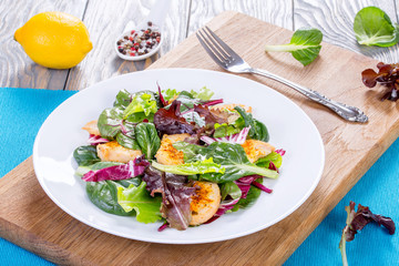 low-calories salad with chicken breast, lettuce leaves, baby spi