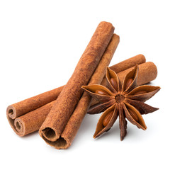 cinnamon stick and star anise spice isolated on white background
