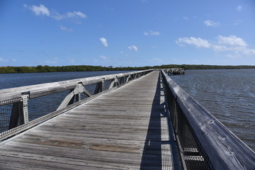 Old wooden boardwalk provides access to the beach at John D MacArthur State Park near West Palm Beach, Florida.