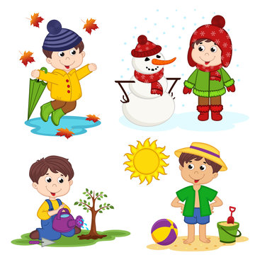boy and the four seasons - vector illustration, eps
