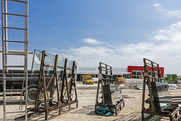 Glasswork at building site.
