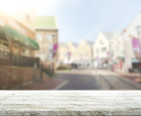 Table Top And Blur Building Of Background