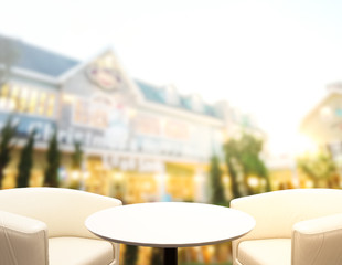 Table Top And Blur Building Of Background