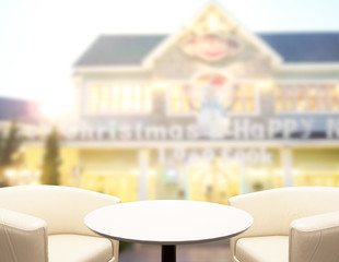 Table Top And Blur Building Of Background