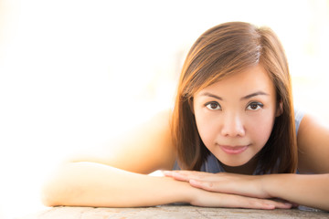 Obraz premium Portrait of women in park looking at camera and free copy space