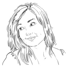 Hand-drawn portrait of white-skin romantic woman, face emotions