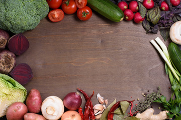 Vegetable ingredients on cooking board, organic healthy food menu. Top view, copy space.