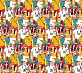 Tourism crowd people color seamless pattern. 