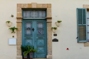 Classic style cyan wooden door house entrance and window