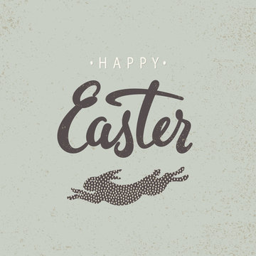 Happy Easter vector card in retro style. Greeting card with a running hare and hand lettering.