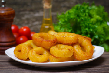 deep fried calamari with sauce and salad on a wooden background
