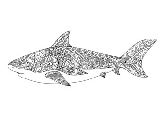 Shark line art design for coloring book for adult, tattoo, t shirt design and other decorations