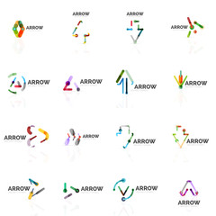 Set of linear arrow abstract logos, connected multicolored segments lines in directional pointer figures