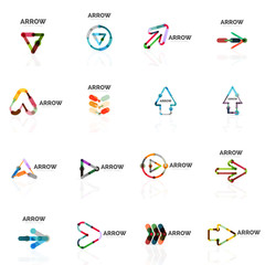 Set of linear arrow abstract logos, connected multicolored segments lines in directional pointer figures