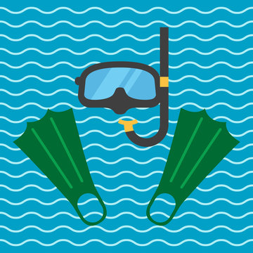 Icono plano gafas y aletas de buzo sobre fondo marino