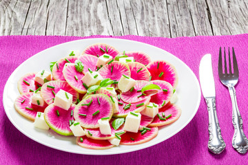 yummy watermelon radish salad with mozzarella and basil