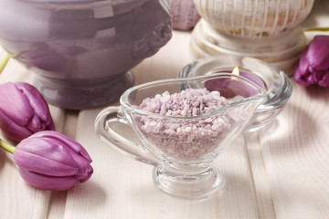 Glass jug of lavender sea salt