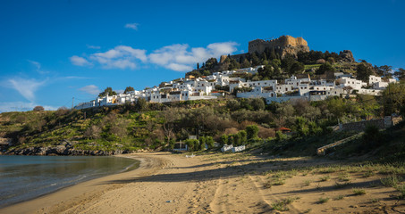 Beautiful landscape with Lindos town on the slope of a hill