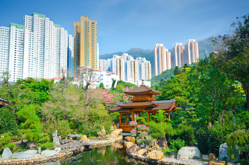 Old meets New, Traditional Nan Lian Garden with skyscrapers in the background, Hong Kong