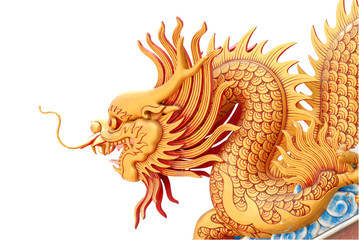 Golden dragon statue on white background in Ratchaburi province, Thailand