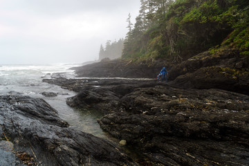 Father and Son exploring Botanical Beach, Juan de Fuca Trail, Po