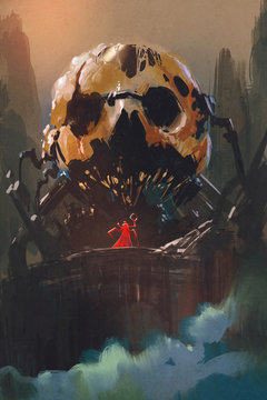 illustration painting of villain standing in front of skull building