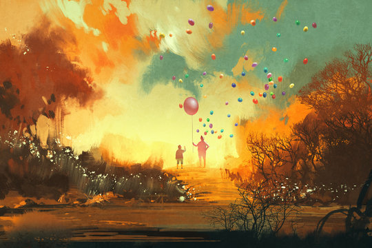 boy and magician holding balloon standng on a path of fantasy land,illustration