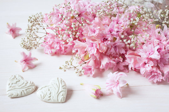 Bouquet of pink hyacinths on holiday