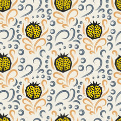 Pomegranate pattern. Seamless yellow and beige garnet fruit with floral swirls vector ornament.