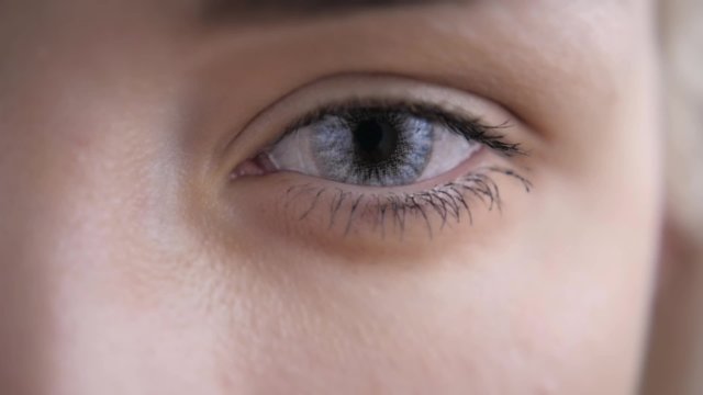 Eye of Sexy Blonde Girl with Changes Color Contact Lenses. 