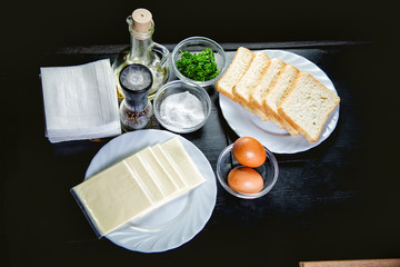 Products for cooking toast ingredients on a table
